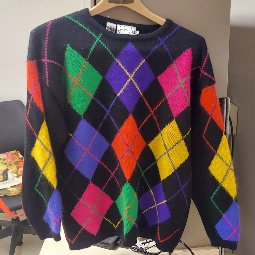Vintage Rafaella Angora Rabbit Hair Argyle Sweater Women’s Med 80s 90s Colorful